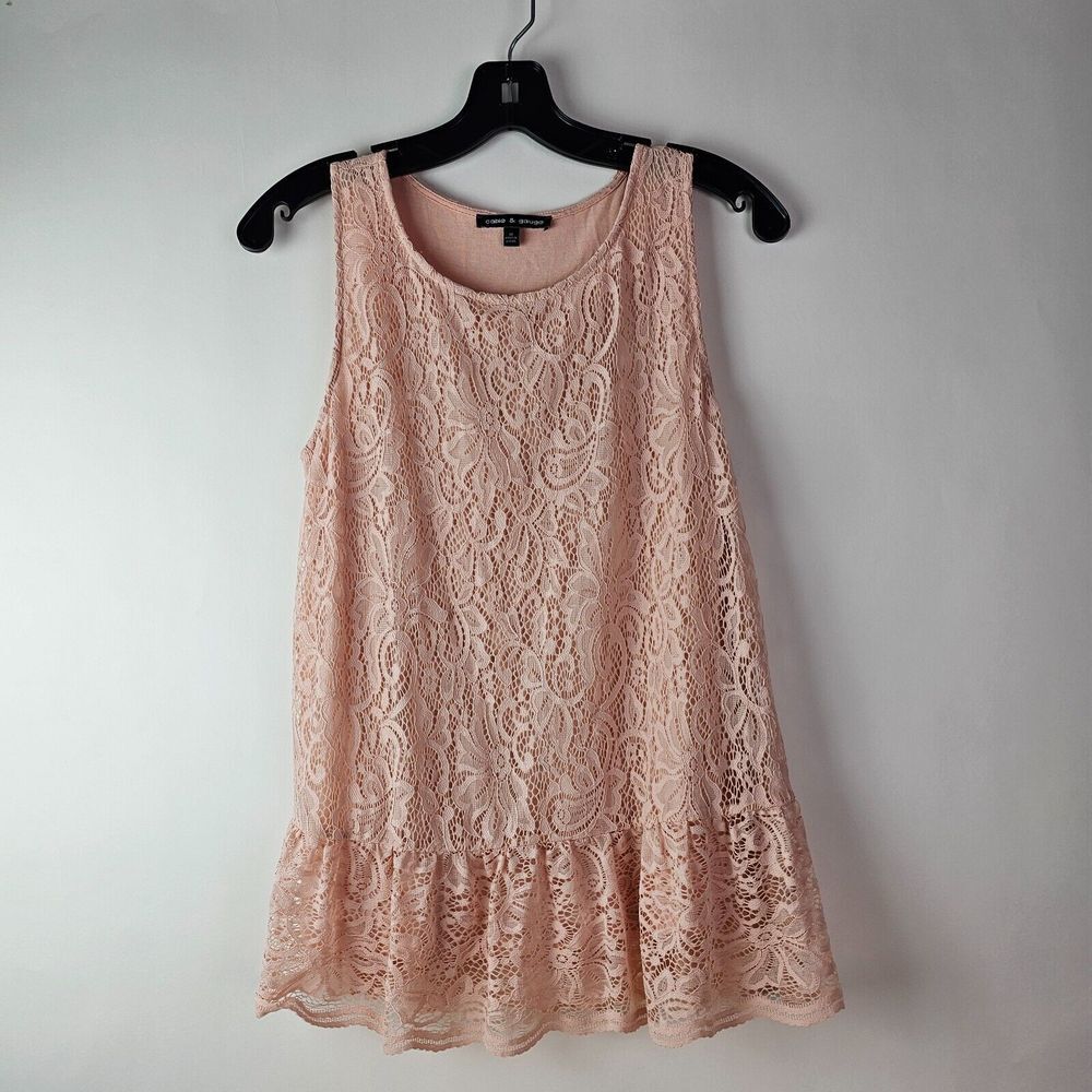 Cable & Gauge Pink Sleeveless Lace Peplum Summer Tank Top‎ Womens M Cottagecore
